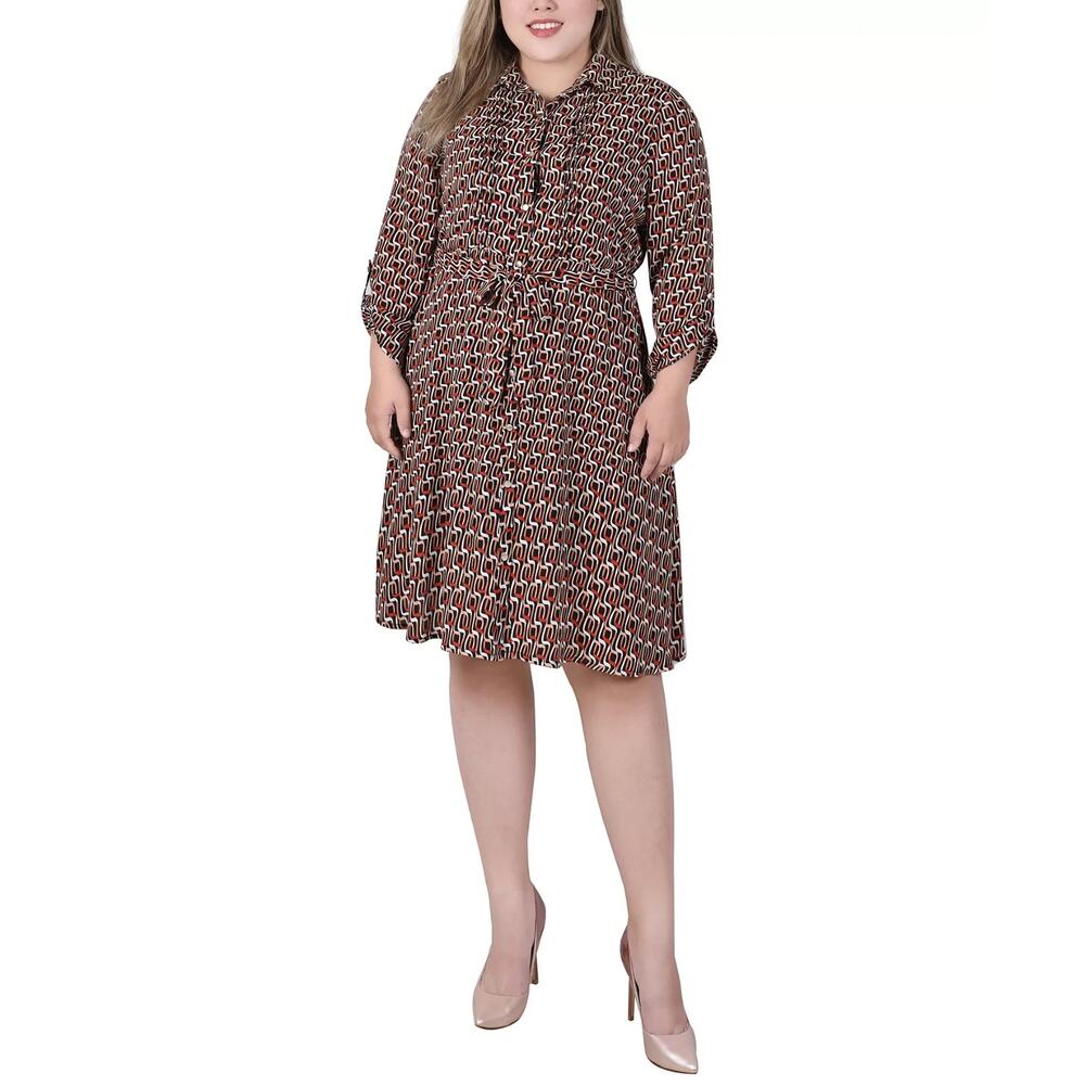 NY Collection Plus Size Long Roll Tab Sleeve Dobby Dress Multi Size 2X 1787